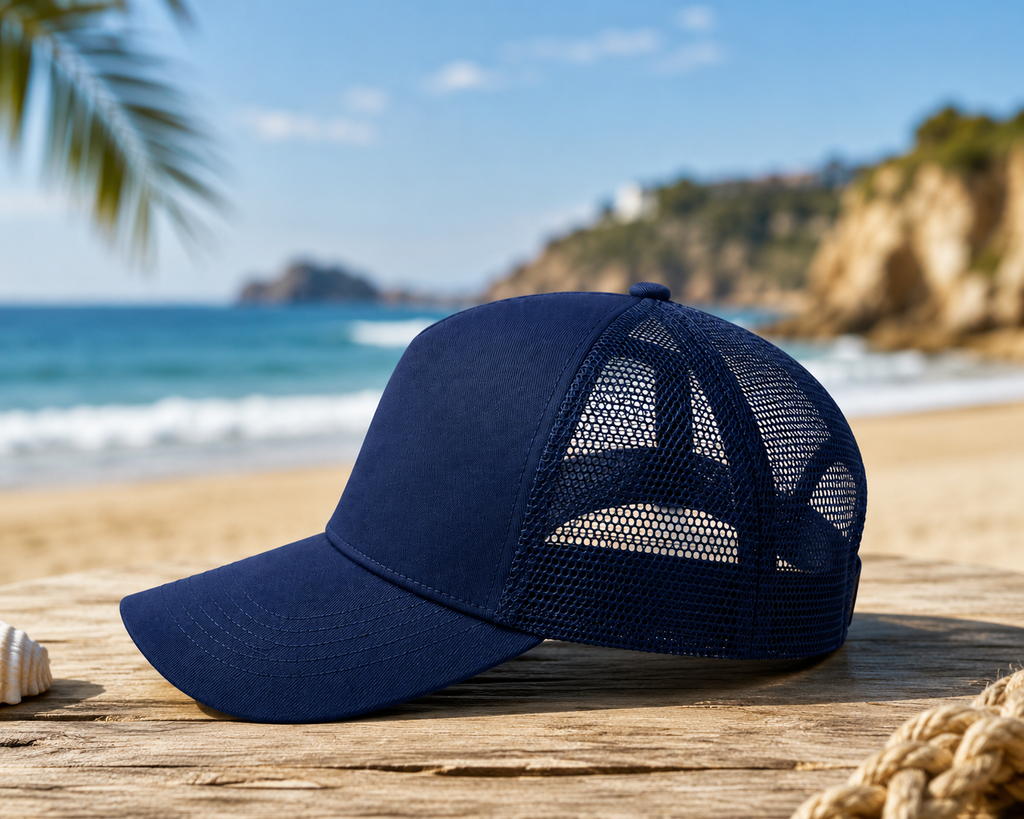 Lacivert Fileli Şapka Arkası Çıtçıt Ayarlı Gabardin Kumaş Unisex Trucker Şapka