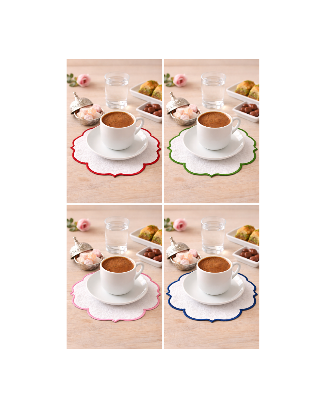 Nakışlı Keten Kahve Yanı Peçetesi – 14x14 cm | Renkli Kenar Detaylı Türk Kahvesi Sunum Peçetesi