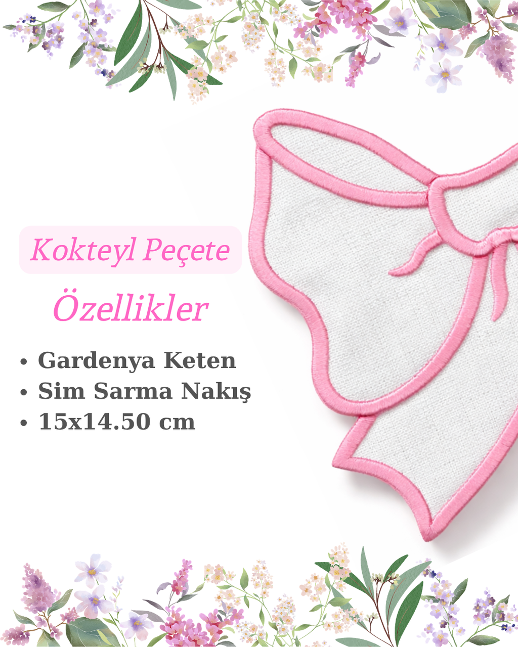 Fiyonk Nakışlı Keten Kahve Yanı Peçetesi – 2’li Set