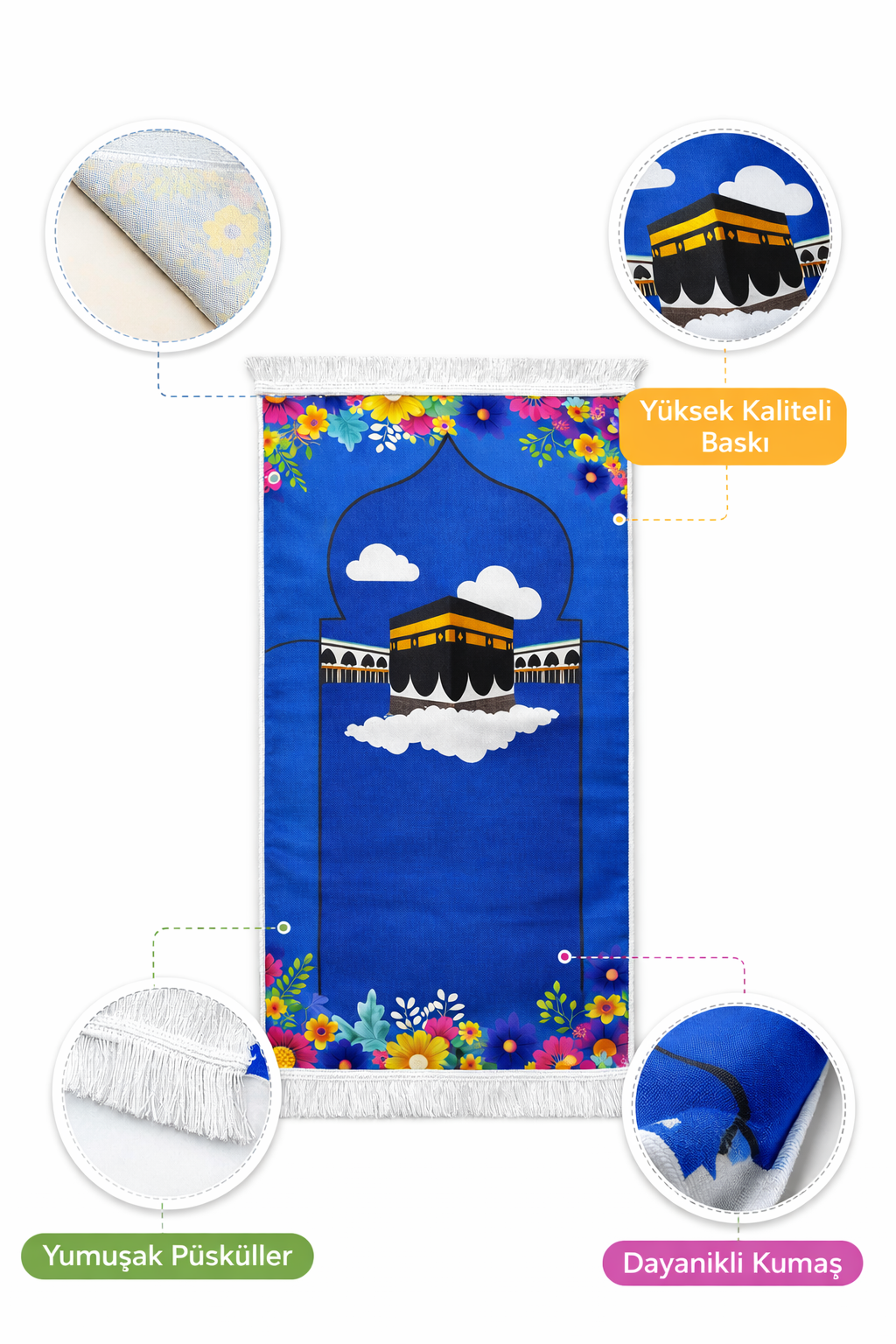 Çocuk Seccadesi Kabe desenli 40×95 cm | Dijital Baskı | Renkli & Eğitici Tasarım