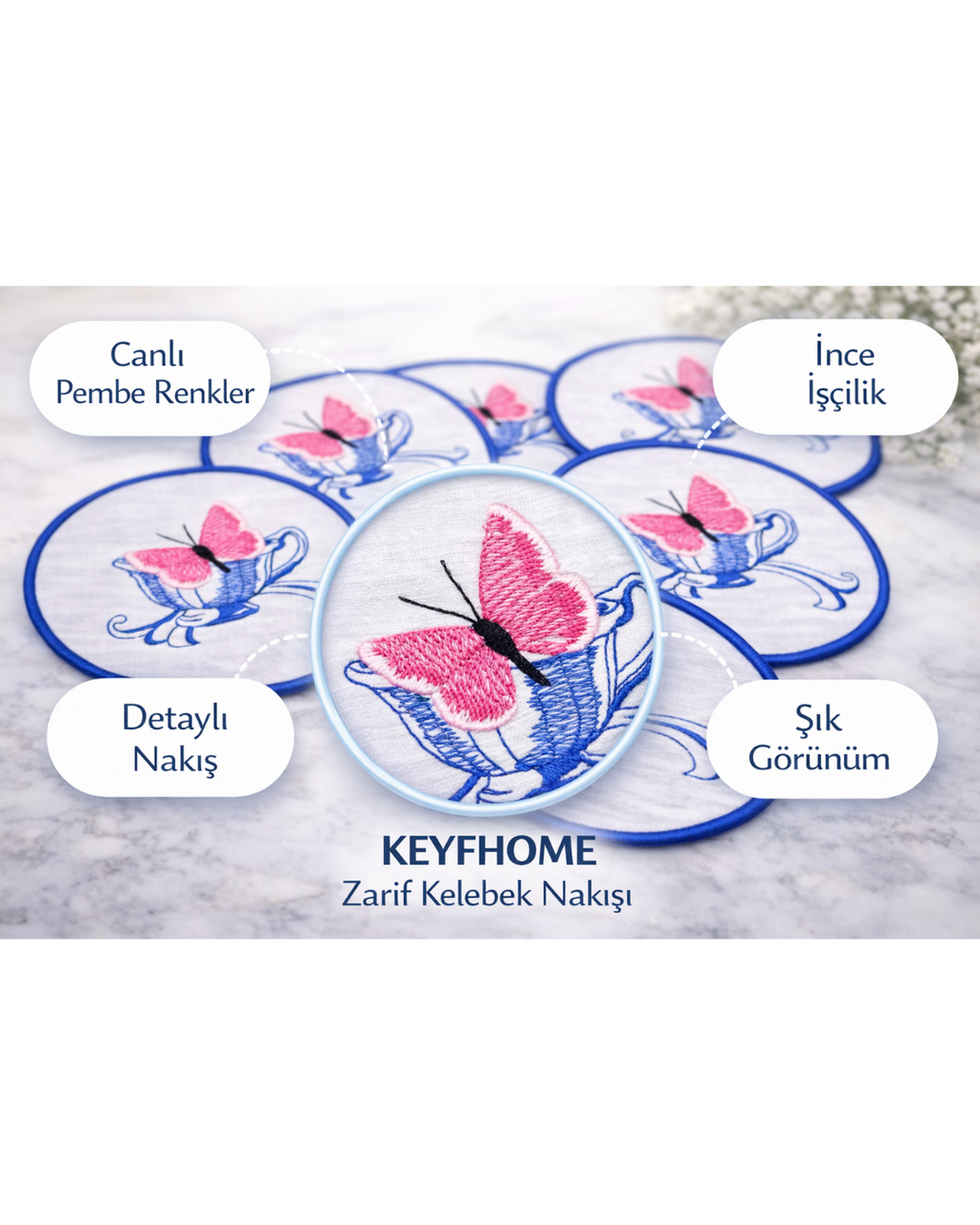 🦋 Kelebek Nakışlı Keten Kahve Yanı Peçetesi – 6’lı Set