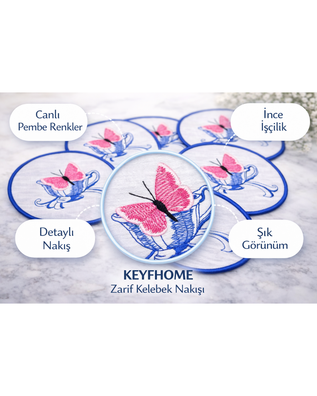 🦋 Kelebek Nakışlı Keten Kahve Yanı Peçetesi – 6’lı Set