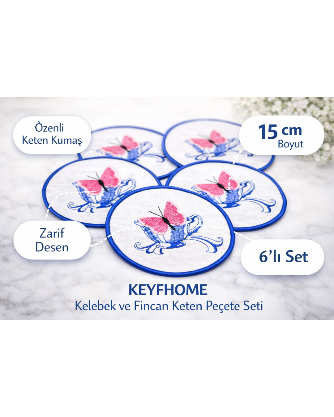 🦋 Kelebek Nakışlı Keten Kahve Yanı Peçetesi – 6’lı Set