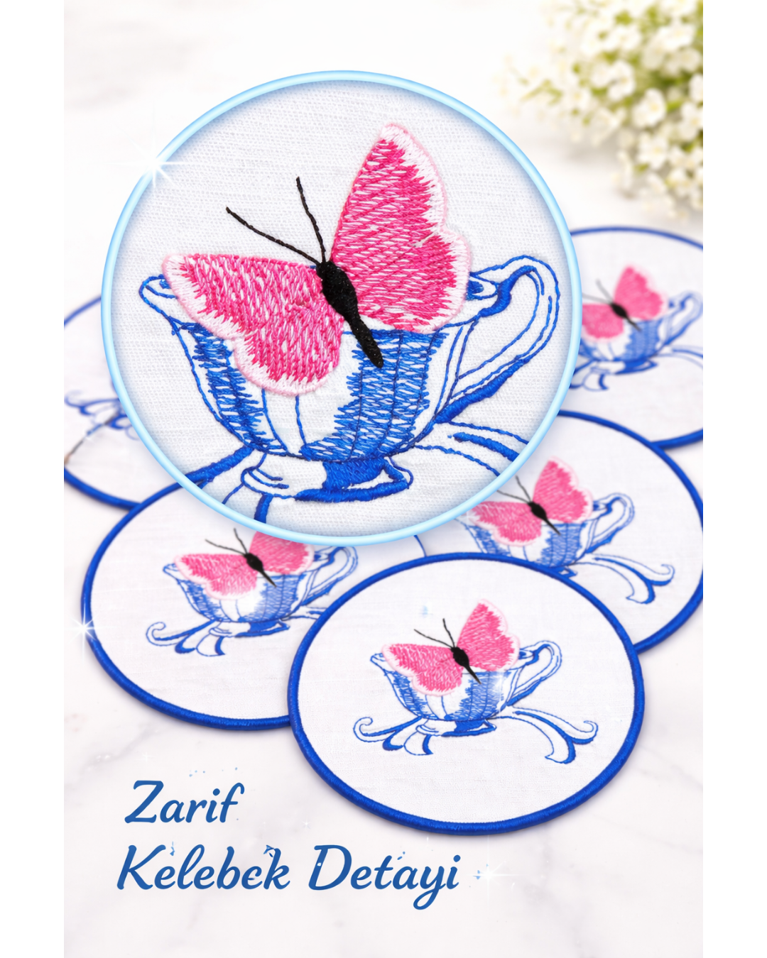 🦋 Kelebek Nakışlı Keten Kahve Yanı Peçetesi – 6’lı Set