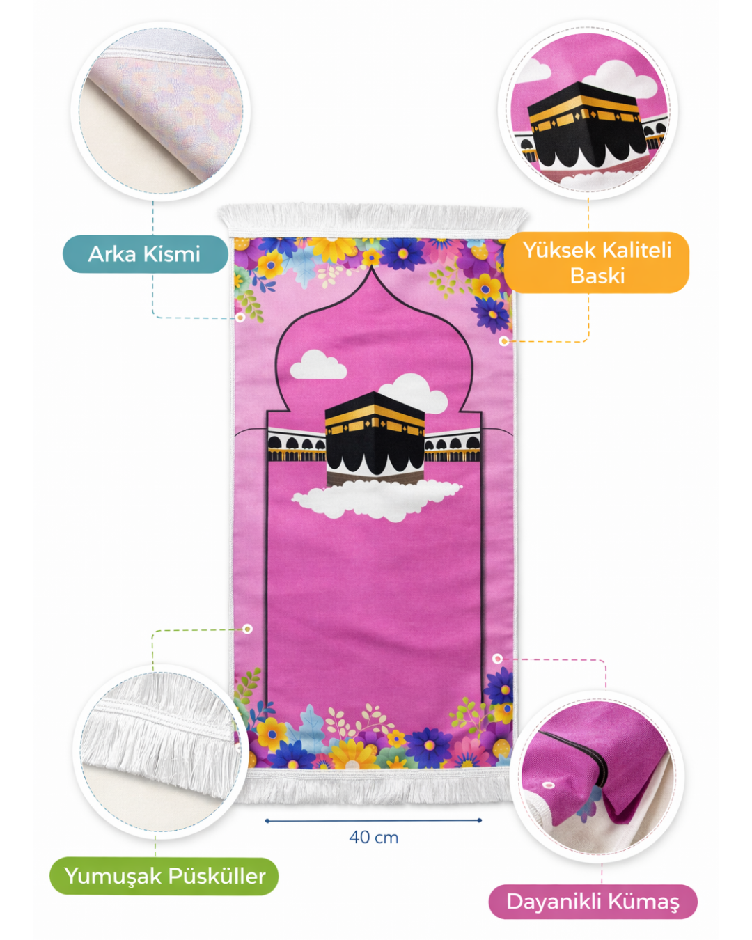 Çocuk Seccadesi Kabe desenli 40×95 cm | Dijital Baskı | Renkli & Eğitici Tasarım